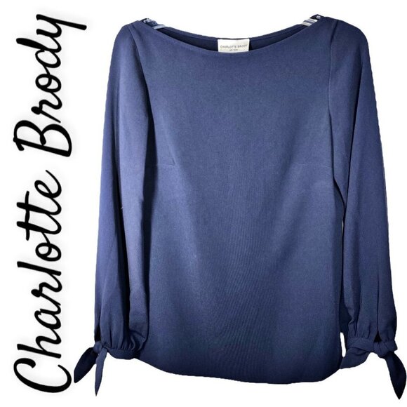NWT CHARLOTTE BRODY Tie Sleeve Navy Double Georgette Blouse, Size Small - Picture 1 of 9